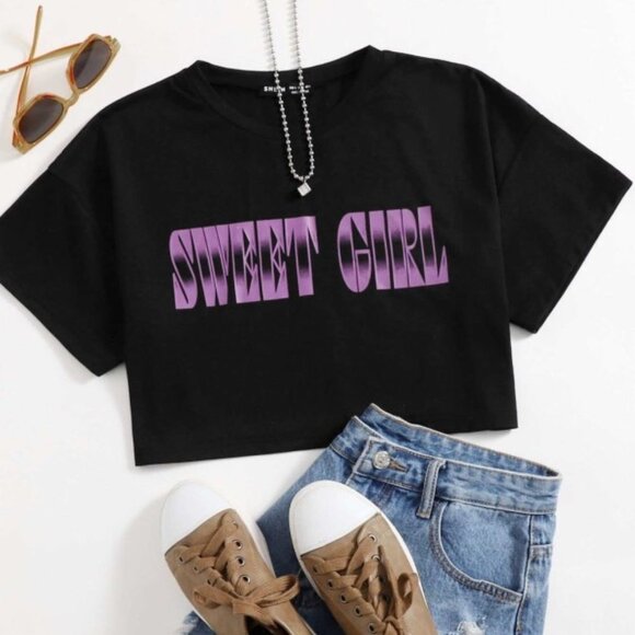 'Sweet Girl' Graphic Drop Shoulder Crop Tee | SHEIN | NWOT - Picture 1 of 3
